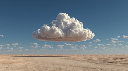 Majestic solitary cloud floats serenely over an endless desert landscape under a clear blue sky, evoking vastness and isolation.