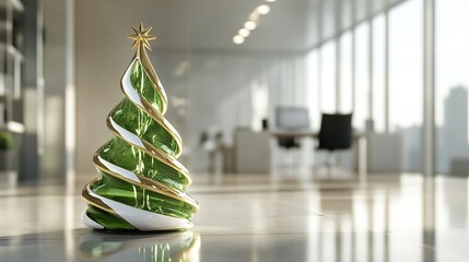 A minimalist yet luxurious holiday scene featuring a stunning abstract Christmas tree carved from translucent green glass and adorned with delicate white and gold accents.