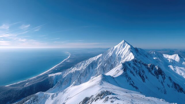 Scenic Aerial View of Snowy Mountain Peak Under Clear Blue Sky with Soft Sunlight Reflection on Water