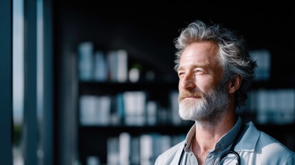 Elderly Doctor Portrait in Medical Setting with Bookshelf Background Wearing White Coat and Stethoscope Looking out the Window in Natural Lighting