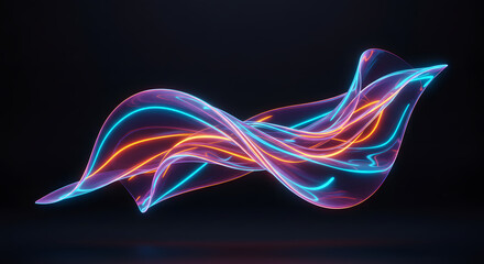 Abstract flowing neon light trails on a dark background.