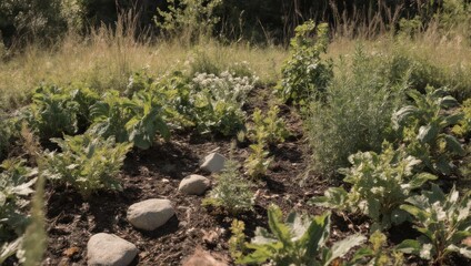 A small garden bed with various green plants and rocks.