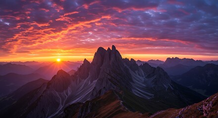 Fototapeta premium Dramatic Sunrise Over the Seceda Ridgeline in the Italian Dolomites.