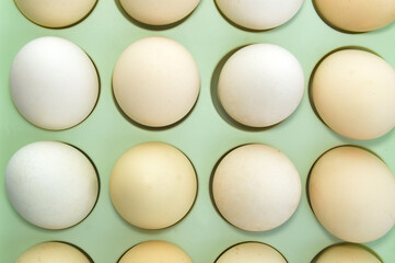 Chicken eggs arranged in a storage box. From a natural organic farm on a white background.