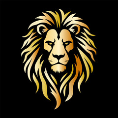 Stylized golden lion head vector illustration or logo with flowing mane, symbolizing strength, power, and royalty, isolated on a solid black background.