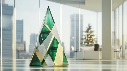A minimalist yet luxurious holiday scene featuring a stunning abstract Christmas tree carved from translucent green glass and adorned with delicate white and gold accents.