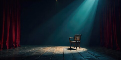 A darkened theater stage, spotlight illuminating a single, overturned chair, scattered props, and a mysterious, shadowed backdrop suggesting a recent struggle , detective, shadows, secrets