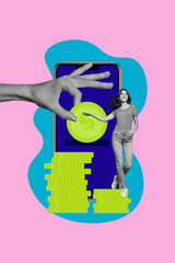 Collage of business blogger man woman deice digital gadget chat window symbolizing ideas online media social platforms