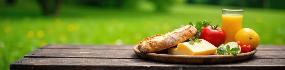 A delicious and hearty meal enjoyed outdoors on a park bench, featuring fresh bread, cheeses, fruits, and vegetables Perfect for a picnic or casual lunch , bench, carefree