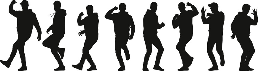 Urban hoodie silhouette poses, dynamic dance movements, expressive body language, black figure illustration, motion sequence, youth culture, street style, choreography, vector art