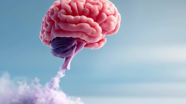 Surreal brain emerging from a colorful cloud, showcasing a dynamic motion sequence of thought and creativity, illustrating the connection between imagination and cognitive processes in a visually stri