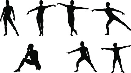 Human silhouette, expressive pose, dance movement, black vector, body language, gesture icon, standing figure, seated stance, minimal design, action set
