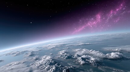 Earth From Space With Cloudy Sky and Nebula Background in Dramatic Lighting
