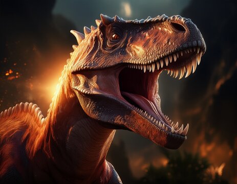 a fierce ceratosaurus roaring its sharp horns and scaly texture catching the soft rim light detailed reptilian features