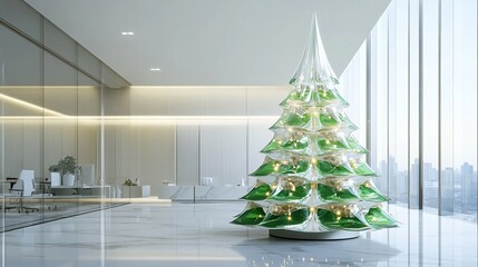 A minimalist yet luxurious holiday scene featuring a stunning abstract Christmas tree carved from translucent green glass and adorned with delicate white and gold accents.