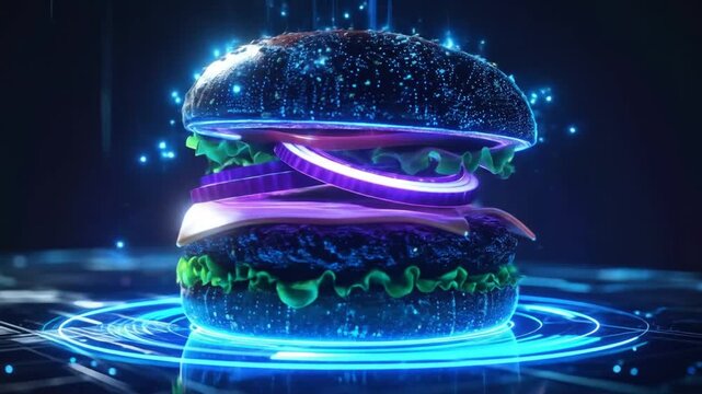 Futuristic Neon Burger Concept with Glowing Digital Effects and Circuitry Display