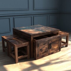 A multi-functional, dark-stained wooden coffee table set with integrated storage and four matching stools.