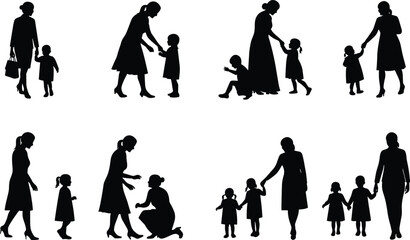Mother and child silhouette, caregiving pose, nurturing gesture, black vector, parenting icon, emotional bond, child development, family scene, support figure, interaction set
