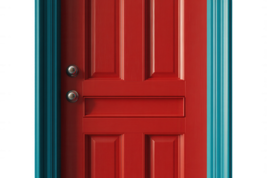 Bright red door with teal trim and silver knobs isolated on a transparent background image