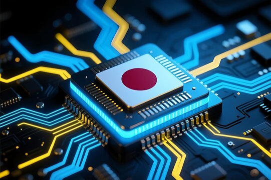 Electronic circuit board. Semiconductor microchip with Japan flag. Country leadership in global chip manufacturing and advanced technology innovation. precision engineering, digital industry