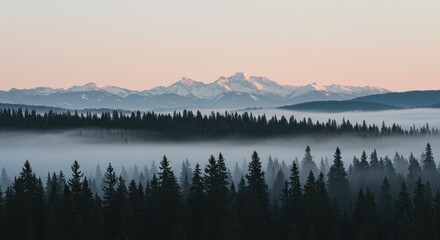 Fototapeta premium Serene Mountain Landscape at Dawn with Misty Forest and Snow-Capped Peaks in the Background