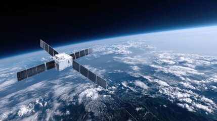 Obraz premium Satellite Orbiting Earth in Space View of Planet Cloudscape and Blue Sky Background with Detailed Satellite Design