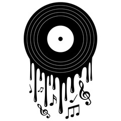 Dripping vinyl record with melting music notes, music, vinyl, retro, DJ, audio