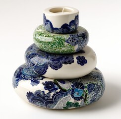 A stack of decorative, round ceramic candle holders, featuring intricate blue and green floral patterns on a cream background, creating a serene and artistic display.