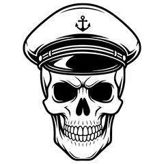 Skull wearing a captain's hat with an anchor, nautical, pirate, sailor, marine, skull