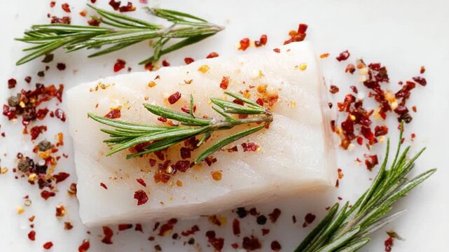 Raw Cod Fish Culinary Delight: A close-up shot captures a delectable fillet of raw cod, artfully adorned with fresh rosemary sprigs and a sprinkle of vibrant red pepper flakes.