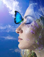 Woman, sky, butterfly, floral