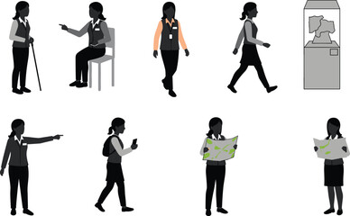 Museum visitor silhouette, exhibition activity, black vector, map reading, display interaction, walking pose, casual figure, indoor scene, public space, educational icon