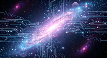 Technology Meets the Cosmos A Digital Galaxy Circuit Board Illustration