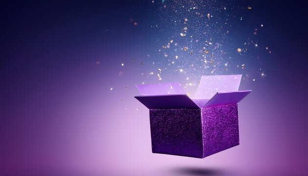 floating open purple gift box with sparkles on gradient background