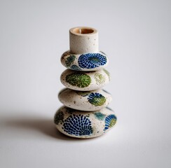 A stack of decorative, patterned ceramic stones forms a charming candleholder against a bright background.