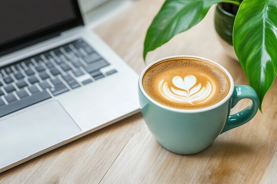 A cozy workspace featuring a latte art coffee cup near a laptop and green plant.