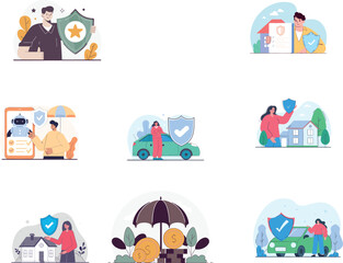 Insurance and Protection Flat Vector Illustrations Set. Property, Home, Car, and Financial Security Concepts with Shield, Policy, and Guarantee