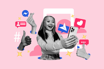 Banner 3d image art pop trend collage of happy girl hold phone device screen emoji notification like feedback popular content