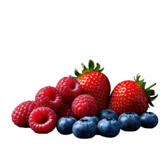 Obraz premium Pile of fresh assorted berries including strawberries, raspberries, and blueberries isolated PNG with Transparent Background