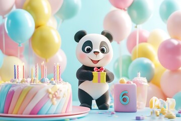 Obraz premium Bright and festive kid’s birthday setup with 3D rainbow-colored balloons, cartoon panda holding a present, and a big cake topped with a number 6 candle