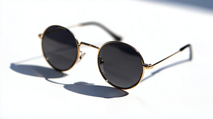 Stylish round black sunglasses with gold metal frame casting shadow on white background in minimal fashion aesthetic