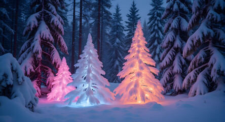 Illuminated Christmas Trees in Winter Forest