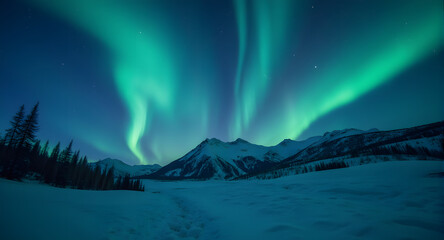 Northern Lights Over Snowy Mountain Landscape