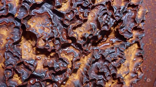 A close-up view of heavily rusted metal shows detailed textures, rough surfaces, and corrosion patterns. The image illustrates decay, oxidation, and the natural process of metal deterioration over tim