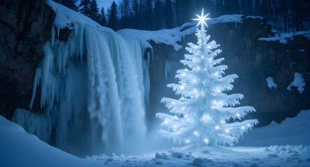 Illuminated Christmas Tree by Frozen Waterfall