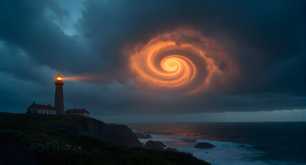 Lighthouse with Swirling Cloudscape