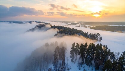 Winter landscape sunrise aerial view