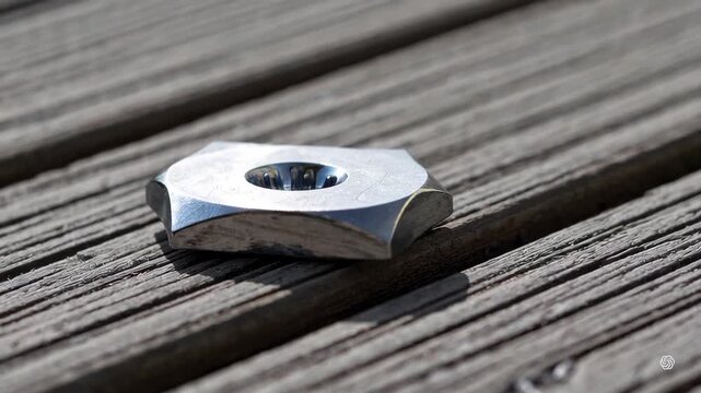 A shiny metal nut with a unique square shape rests on wooden planks in bright sunlight. The image highlights the contrast between industrial hardware and natural textures.