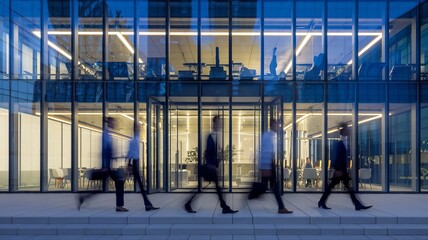 Silhouetted professionals in business attire walking past a modern office building at dusk, showcasing a dynamic urban scene.
