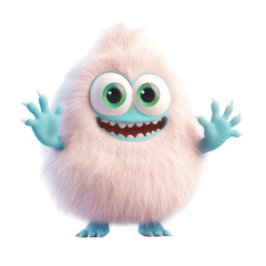 Fototapeta premium Cute furry monster with big eyes and blue hands smiling cheerfully